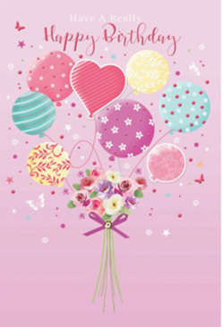 This detailed birthday card artwork portrays a dreamy scene where balloons and flowers unite in one uplifting design, as if a bouquet prepared near Tufnell Park station had taken flight into the afternoon sky. The background is a smooth wash of soft pink, calming and romantic, reminiscent of the pastel shopfronts dotted along Fortess Road. From the centre rises a cluster of pastel balloons in rose, mint, teal, and butter yellow, their surfaces decorated with swirls, stripes, and dancing polka dots that add a sense of motion, like a gentle breeze rustling through them. At the point where all the balloon strings meet, a compact bouquet of fresh blooms nestles together, featuring small rose-like blossoms and dainty, petal-rich flowers that shade from ivory to blush and lavender. The petals appear plush and velvety, almost dewy, implying a just-arranged freshness you might find at a local Tufnell Park flower shop. A narrow purple ribbon cinches the stems neatly, its bow sparkling with tiny highlights that echo the shine on the balloon surfaces. Reflections of light play delicately across the composition, enhancing the feeling of depth, as though some balloons hover closer while others drift behind. The mood is joyful but tender, ideal for wishing someone in the Tufnell Park community a happy birthday with a touch of whimsy. The design captures the magic of a surprise delivery: bright, buoyant balloons paired with a fragrant, hand-crafted bouquet, ready to bring a smile to a friend celebrating in a nearby flat or garden.