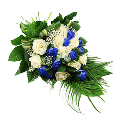 A sophisticated, side-cascading floral spray in blue and white lies against a crisp white background, composed with the same careful attention to line and balance that a local Tufnell Park florist might bring to an important farewell. The central focus is a generous cluster of fully opened roses, each flower meticulously placed so their rounded heads create a soft, undulating surface. About half of these roses are a striking sapphire blue, their saturated petals curling in tight spirals, while the remaining half are creamy white and pale ivory, with petal edges that appear almost translucent in the light. The colours alternate throughout the spray, so the blue never feels harsh, instead weaving a calm, ocean-like rhythm through the softer whites. Fine sprays of white baby's breath nestle between the roses, like tiny stars scattered through the arrangement, adding texture and a gentle, cloud-like lightness. Around this, a frame of mixed foliage gives the spray its elegant structure: glossy dark green leaves lie close and dense, bright green fern fronds lift and soften the upper left edge, and long, slender palm leaves sweep outward from the lower right, creating a subtle crescent curve that guides the eye along the length of the design. Small touches of bluish-green eucalyptus slip lightly between the blooms, introducing cool, rounded leaf shapes that echo the blue roses without overwhelming them. Carefully folded or wrapped bands of green and cream variegated leaves run through the centre, adding a quiet sense of craftsmanship. The finished tribute feels composed and tranquil, ideal for honouring a loved one at a funeral or memorial in and around Tufnell Park, offering a message of peace, remembrance, and enduring loyalty.