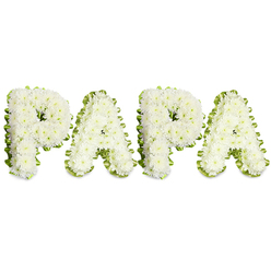 A lovingly crafted memorial piece that reads PAPA in bold white lettering, each letter meticulously formed from countless small white chrysanthemums, the kind we source fresh from London's markets before morning delivery around Tufnell Park. The blossoms are arranged in dense clusters so their ruffled petals create a soft, voluminous texture that reads as both tender and enduring. Around each letter a folded pale green ribbon or a thin collar of bright foliage frames the white blooms, the lime-tinted edge providing a delicate contrast and clear definition against the white backdrop. The work is photographed on a pure white surface so the letters appear to float, a quiet, solemn presence suited to funerals, memorial services, or a graveside tribute. As a florist familiar with services at venues from Junction Road chapels to small family gatherings near Dartmouth Park, I pair the visual clarity of block lettering with a restrained scent profile-subtle green, faintly sweet-so it supports reflection without dominating a sacred space. At Flowers Tufnell Park we craft each letter by hand, wiring and padding to preserve the gentle dome of each character and to ensure the tribute travels well to local services. The white-and-green palette speaks of peace and remembrance, and the intimate spelling PAPA captures a familial closeness, making this piece a dignified, heartfelt expression of love and farewell for a treasured father figure in the community.