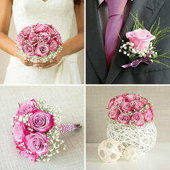 A compact, rounded bouquet rests securely in an artistically designed white container, the flowers gathered so tightly they form a near-perfect floral sphere. Rich pink and cool lavender roses dominate the arrangement, their plush petals overlapping like layers of silk, while sprigs of white gypsophila thread between them, adding softness and an ethereal, cloud-like texture. The white vessel is not just a base but a sculptural feature: its surface ripples with woven, ribbon-like lines that twist and fold, giving a subtle sense of movement that contrasts beautifully with the calm, steady dome of blooms above. The effect feels very much at home in Tufnell Park, like something you might spot in a stylish apartment off Fortess Road or a cosy café near the station dressed for an intimate wedding brunch. Under soft, even lighting, the roses' colours deepen from blush to saturated berry-pink, with hints of mauve and lilac that catch the eye without shouting. The gypsophila lightens the whole look, the tiny white blossoms reminiscent of low mist over local garden squares on a cool spring morning. Though the composition is modern and polished, there is also an underlying tenderness in the careful spacing of each rose head, suggesting hours of patient, skilled work by an experienced florist. This is the sort of piece that would sit beautifully on a registrar's table, a reception bar, or a special corner of a Tufnell Park home, sending out a gentle message of celebration, love, and thoughtfully curated style with every soft, fragrant breath of rose-scented air.