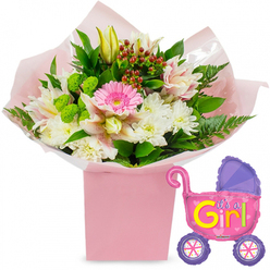 A tender yet exuberant baby girl celebration arrangement is pictured against a pure white backdrop, giving it a fresh, airy feel that mirrors the excitement of welcoming a newborn home to Tufnell Park. The focal point is a lush floral bouquet rising from a tall, square, light-pink gift box, the sort you might place on a windowsill overlooking Tufnell Park Road. The flowers are arranged with a florist's care into a softly rounded shape. In the centre, a bright pink gerbera daisy draws the eye, its neat ring of petals forming a cheerful focal point. Around it cluster snowy white chrysanthemums, each bloom packed with fine, layered petals that convey fullness and comfort. Threaded through are alstroemeria lilies in pale pink and white, their speckled throats adding a gentle pattern, like the delicate print on a baby's first blanket. A few creamy yellow lily buds lift the composition, still closed and full of promise. Supporting this are tufted lime-green button blooms and a generous sweep of dark green foliage, including shiny broad leaves and feathery fern fronds that spill slightly over the edges, creating depth and movement. Scattered among the petals, deep red hypericum berries offer a rich counterpoint, echoing the joy of a family celebration. The bouquet is wrapped in soft pink tissue and clear cellophane, carefully tucked into the pastel box so everything feels protected and ready for same-day delivery around nearby Kentish Town or Archway. To the right, a metallic foil balloon in the shape of a baby pram shines brightly. The body is hot pink with a contrasting purple hood and wheels, each wheel decorated with colourful spokes. On its side, the words It's a Girl! appear in bold yellow and green lettering, with tiny pink hearts completing the playful design. Together, this image conveys a sense of welcome, warmth, and parental pride, an ideal gift for a baby shower, maternity ward visit, or first visit to the new nursery.