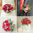 This detailed four-part wedding image captures a cohesive red rose and baby's breath story, the sort a local couple might choose for a ceremony in Tufnell Park before wandering towards Hampstead Heath for photos. In the top-left panel, the bride stands in a classic white lace gown, holding a dense, rounded bouquet that overflows with rich crimson roses. The petals look almost velvety to the touch, tightly gathered and intertwined with soft clusters of white gypsophila, while hints of glossy green foliage peek out at the edges, adding structure and contrast. The top-right panel draws the eye to the groom's boutonniere, pinned neatly to the lapel of a charcoal-grey suit jacket set against a crisp white shirt and bold red tie. A single red rosebud is cradled by baby's breath, slender green leaves, and fine strands of decorative grass, with a small satin red ribbon at the base tying the whole composition together. Below, in the bottom-left panel, another generous hand-tied bouquet rests on a pale, textured background-the open-faced roses and plentiful baby's breath arranged in a rounded dome, the stems wrapped carefully with red and white striped twine, suggesting thoughtful craftsmanship you might expect from a Tufnell Park artisan florist. The bottom-right panel shows a compact, dome-shaped centerpiece of scarlet roses and white gypsophila balanced on a spherical white vase made from woven strands in an airy lattice design, accompanied by two smaller off-white decorative spheres. The collage as a whole illustrates how a single floral theme can flow from bridal bouquet to groom's buttonhole to table arrangements, creating a sense of harmony, romance, and continuity throughout an entire wedding celebration.