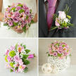 A coordinated quartet of wedding flowers is arranged in a four-panel collage, telling the story of one romantic colour palette in different forms, as if styled for a celebration near Tufnell Park's leafy streets. The upper-left panel focuses on a bride in a white lace gown, visible from the shoulders down, holding a lush, rounded bouquet. Her flowers are a generous mix of light pink and lavender roses, some just unfurling, others fully open, layered with bright green button chrysanthemums, delicate pink alstroemeria streaked with soft yellow, and airy sprays of white baby's breath, all cushioned by deep green foliage. In the upper-right, the camera moves to the groom: a dark charcoal suit and bold fuchsia tie provide a crisp backdrop for a refined boutonniere. This small yet detailed piece echoes the main bouquet with a single blush pink rosebud, miniature green chrysanthemums, fine threads of gypsophila, and a flick of narrow green grass, neatly wrapped in a pink ribbon that matches the tie. The lower-left panel shows a similar bouquet lying horizontally on a light beige, textured cloth, giving a clear look at the carefully spiralled stems bound in bright fuchsia ribbon and the harmonious blend of blooms, as if waiting to be carried down a quiet aisle in a Tufnell Park venue. Finally, the lower-right panel presents a compact centerpiece on a white surface: a dome of pink and lavender roses, vivid green chrysanthemums, pink alstroemeria, and clouds of baby's breath, nestled in a white, woven-look spherical vase. Two small decorative spheres sit beside it, reinforcing the soft, modern, and coordinated wedding theme.