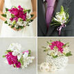 This four-panel wedding collage showcases how a single floral palette can flow gracefully through every detail of a celebration in Tufnell Park, from personal flowers to table décor. In the top-left image, the bride's torso is framed against a gentle, neutral background, allowing her lush bouquet to take centre stage. She wears a white strapless dress, and her hands, with a delicate ring glinting, support a rounded arrangement of vibrant magenta peonies, crisp white alstroemeria stippled with soft maroon, and light green spiky blooms, all cushioned by deep green foliage. The bouquet feels romantic yet modern, like something carried down the aisle of a local church or registry office near Fortess Road. The top-right panel draws closer to the groom's charcoal suit jacket, where a carefully crafted boutonniere is pinned with precision. White alstroemeria, fine green textures, and fresh leaves are bound with a slim lavender satin ribbon that harmonises beautifully with his tie, giving a polished, coordinated look. Below, on the left, a smaller bouquet rests on light beige textured fabric, suggesting it is waiting for a bridesmaid or for the traditional bouquet toss at a reception close to Tufnell Park Fields. The flowers echo the bridal design-fuchsia peonies, white lilies, and green accents-tied neatly with a lavender ribbon at the stems. In the bottom-right image, the same flowers are reimagined as a compact table centrepiece, placed in a striking white spherical vase woven with criss-crossing strands. Three decorative beige spheres nestle nearby, adding a natural, textural element. Together, the four photographs show how a consistent floral theme can unify a wedding celebration across bouquets, buttonholes, and reception décor.