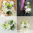 This four-panel image captures a cohesive white-and-purple wedding palette across bouquet, boutonnière, bridesmaid posy and reception centerpiece, arranged with the considered hand of a local florist familiar with Tufnell Park's calm, leafy character. In the top-left panel a bride in a strapless ivory gown holds a generous bridal bouquet dominated by fragrant white oriental lilies; some blooms are fully unfurled, their stamens and satiny petals catching a soft, warm light, while white Eustoma (lisianthus) edged in clear purple create a delicate halo around each blossom. Small tight buds and tiny spires of deep purple accent flowers (veronica-like in silhouette) add rhythmic punctuation, set against a textured palette of fine grassy foliage and broader green leaves that give depth and motion. Top-right shows a perfectly scaled groom's boutonnière pinned to a charcoal-grey suit jacket with a rich purple silk tie beneath; it reprises a single open purple-rimmed Eustoma, a compact lily bud, a sliver of spiky purple accents and slim green blades, tied with a neat white ribbon bow. The lower-left panel displays a hand-tied bridesmaid or toss bouquet laid on light beige fabric, stems wrapped cleanly in white satin ribbon, while the lower-right reveals a tall centerpiece in a contemporary white woven spherical vase, overflowing with open and bud-stage lilies, purple-edged lisianthus, and cascading grasses, accompanied by woven beige decorative spheres. Crafted with attention to scent, texture and proportion, this suite would suit a ceremony close to Tufnell Park station or a reception in nearby Dartmouth Park; Flowers Tufnell Park prepares similar arrangements for local delivery and venue styling.