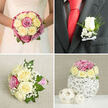 This four-part collage presents a harmonious set of wedding flowers, each panel capturing a different detail in a soft, refined palette that would feel at home in an elegant Tufnell Park celebration. In the top left, a bride is pictured from the shoulders down, her white gown featuring subtle lace along the bodice that catches the light. She holds a rounded, closely packed bouquet made almost entirely of roses: creamy and pale yellow blooms are interwoven with rich pink and mauve roses, creating a gentle colour gradient. Tiny tufts of white baby's breath and small flashes of green foliage peek between the petals, giving the bouquet freshness without disturbing its symmetrical, classic shape. It feels both luxurious and understated, like a quiet walk through nearby Hampstead Heath on a clear morning. The top right panel zooms in on the groom's boutonniere pinned to a dark grey suit jacket. A crisp white shirt forms a clean backdrop for a vivid red silk tie, while at the lapel a single, immaculate white rosebud is framed by a collar of baby's breath and a sliver of greenery. A slim white satin bow binds the stems, finishing the piece with a precise, tailored look that mirrors the formality of the suit. At the bottom left, a smaller bouquet or bridesmaid's posy rests on a lightly textured beige linen surface. Cream and pale yellow roses open alongside brighter pink roses, with clouds of baby's breath and relaxed green leaves giving the arrangement an airier, more informal feel. The stems are neatly wrapped in a pink and white striped ribbon, which suggests a personal, handcrafted touch you might expect from a local studio such as Flowers Tufnell Park serving nearby streets and family venues. In the bottom right, a coordinating rose arrangement is shaped into a compact dome, set atop a distinctive white spherical vase made from interlaced twigs. Two smaller woven spheres sit beside it on a white surface, all against a muted beige background, evoking a chic, natural centrepiece ideal for reception tables in converted North London warehouses or intimate Tufnell Park restaurants. The collage as a whole showcases the continuity of colour, flower choice, and design from bouquet to buttonhole and table décor.