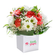 Brimming with the cheerful promise of a Tufnell Park spring, this vibrant bouquet arrives nestled in an immaculately crisp, modern gift bag. The ruffled carnation petals-blending shades of coral, peach, and vivid red-radiate warmth, their delicate sweetness complemented by pure white daisies with smiling, yellow-green hearts. Baby's breath weaves through, its tiny, cloudlike clusters infusing the composition with lightness and innocence. Hidden among lush greenery, unopened buds edged in gentle purple whisper of new beginnings. Broad, glossy green leaves cradle the bouquet, lending both structure and a splash of countryside freshness reminiscent of walks through local parks. Light gleams across every petal and frond, highlighting the bouquet's abundance and careful arrangement. The bag's ribbon handles promise easy delivery-perhaps as a birthday surprise on Lady Margaret Road, or a spontaneous gesture to brighten someone's day near Tufnell Park station. Every detail suggests a bouquet expertly crafted by local florists who know how to turn flowers into memorable, joyful experiences.