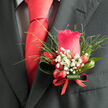 Pinned neatly to a dark charcoal suit, this boutonniere centres on a single, carefully chosen pinkish-red rose, poised between bud and full bloom like a promise about to unfold on a special Tufnell Park afternoon. The petals appear almost luminous, their velvety texture catching the soft light in subtle highlights and shadows, giving depth and richness to the flower's warm ruby tone. Around the rose, fine feathery greenery radiates outward in loose arcs, adding movement and a natural, effortless charm reminiscent of the wild edges of nearby Hampstead Heath. Tiny white gypsophila blossoms dot the greenery like little stars, their crisp whiteness introducing a sense of purity and calm. Nestled at the base, glossy red berries bring a playful, festive spark, their rounded forms and polished skins adding both colour and texture. The stems are gathered and wrapped in a tidy red ribbon, echoing the bold scarlet tie just above the lapel; together they create a subtle, harmonious line of colour from chest to collar. This boutonniere feels distinctly masculine yet gentle, an elegant floral signature that would suit a groom arriving from a townhouse near Junction Road, a best man walking through Tufnell Park's tree-lined streets, or a stylish guest at a North London celebration. The imagined fragrance is soft and green with a hint of classic rose, never overpowering, just enough to suggest freshness and care. Crafted with the eye of an experienced local florist, every element is placed to balance formality with personality, making this small arrangement a refined finishing touch for life's most meaningful gatherings in and around Tufnell Park.