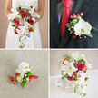 Focusing on detail and quiet ceremony, this four-part image pairs bridal grandeur with intimate accents, all in a red, white and deep-green palette suited to a Tufnell Park wedding. The principal panel frames the bride's hands holding a dramatic cascading bouquet: broad white lilies open like soft lanterns, clusters of deep red roses provide a romantic core, and long-stemmed white phalaenopsis orchids spill downwards in a graceful waterfall. Specks of Gypsophila add a cloud-like softness while red hypericum berries and a mixture of slender and broad foliage bring texture and seasonal freshness. To the right, the groom's boutonniere reads as a refined whisper of the bouquet-one immaculate phalaenopsis blossom set against glossy green leaves, two tight bunches of red berries and a spray of baby's breath, fastened cleanly to a dark grey lapel with a red ribbon that answers the groom's tie. The lower-left close-up lets you appreciate the corsage's construction on a lightly textured beige fabric: the orchid's velvety petal edges, the waxy sheen of hypericum, the feathery gypsophila and the soft curl of ribbon. The bottom-right centerpiece, placed in a white woven holder and flanked by decorative white spheres, mirrors the bride's palette and creates a unified table composition. The lighting is soft and natural, the textures varied and tactile, and the scent suggested by the image is a gentle, balanced blend of rose and lily-an arrangement that feels like a calm, assured nod to local tastes from a florist who knows the neighbourhood.