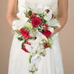 Held carefully at the bride's waist, this cascading wedding bouquet feels like a river of red and white flowers flowing over the front of a finely textured white gown. The close-up photograph draws you first to the rich crimson roses, each one fully opened yet still structured, their plush, velvety petals curling inward in tight spirals that speak of romance and devotion. Between these glowing red centres, generous white lilies unfurl, their petals broad and satiny, tipped with a faint, natural curve and accented by green stamens that lend a fresh, garden-like energy. From the lower edge of the bouquet, slender arching stems of white Phalaenopsis orchids trail gracefully, their petals smooth as porcelain, each bloom positioned to create a gentle waterfall effect that feels almost weightless. Sprays of airy baby's breath drift through the design, turning the spaces between larger flowers into a soft, bridal mist. Glossy red berries, reminiscent of hypericum, punctuate the composition like tiny jewels, catching the light and adding dimension among the greens. The foliage is layered and thoughtful, with feathery fronds and slightly broader leaves providing depth and a natural frame. The bride's arms and the bodice of her lace-detailed dress subtly border the bouquet, their ivory tones echoing the blooms. Photographed against a softly blurred, beige backdrop that could be a townhouse interior just off Fortess Road in Tufnell Park, the bouquet feels intimate and personal, a handcrafted piece by a local florist that captures both tradition and modern elegance in a single, flowing silhouette.