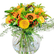 This dazzling bouquet channels the sunlit essence of Tufnell Park, capturing the joy of golden afternoons spent on leafy streets near Dartmouth Park Hill. Generous sunflowers, each with a deep brown heart and rays of yellow-orange petals, offer warmth and brightness at the bouquet's core, while plush yellow garden roses spiral open nearby, their intricate layers softening the overall look. Scattered vividly among the blooms, clusters of red hypericum berries add a playful liveliness, contrasting beautifully with lush green ferns that cascade like a natural garland. Sprigs of solidago and slender spikes of green fill out the arrangement, their subtle blossoms catching the light and infusing the display with a sense of freshness. Eucalyptus leaves, with their silvery sheen and gentle fragrance, peek out amid the ensemble, lending soothing undertones reminiscent of Tufnell Park's calmest moments. All of these treasures are arranged in a crystal-clear, globe vase, where the fresh stems are visible beneath shimmering water-a testament to both the artistry and the vibrancy found at Flowers Tufnell Park. Perfect for a birthday, anniversary, or simply to brighten a home on a busy morning, this bouquet radiates an enduring optimism and the unmistakable warmth found only in North London's cherished neighbourhoods.