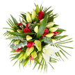 Seen from directly overhead against a clean white studio backdrop, this densely mounded bouquet reads as a composed statement of comfort and remembrance. The arrangement is built around roughly a dozen deep red roses - their velvety petals layered and fully open or gently cupped - which punctuate the mass with concentrated, classic colour. Surrounding and weaving through the roses are abundant white and cream lilies: many rendered as long, pale yellow-green buds tapering to a point, and one large, pristine lily fully open near the bottom right that displays soft, pure white petals and subtle yellow stamens. A generous armature of greenery gives the piece its form and texture: broad, glossy leaves lend structure; feathery, palm-like fronds radiate outward to suggest airiness; and clusters of muted silver-green eucalyptus provide a cool, rounded contrast. The light is bright and even, revealing the tactile differences between the silky rose petals, the waxy lily buds, and the slightly coarse eucalyptus leaves. Sensory notes implied by the composition are gentle rather than brash - the green, soapy lift of lilies brushed with the warmer, spicy edge of roses - creating an atmosphere of respectful warmth. This arrangement reads as suitable for condolence or memorial settings, quietly balancing deep reverence with floral beauty. As a florist familiar with Tufnell Park and nearby Dartmouth Park, I'd present this bouquet on a white stand or simple linen to maintain its serene clarity and to let the red and white speak with dignity in a funeral chapel or private remembrance space.