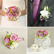 A carefully styled wedding set is shown as if ready to be carried out of a Tufnell Park townhouse: a full, rounded bridal bouquet paired with a refined groom's boutonnière. The bouquet is dominated by mauve-pink roses, each bloom opening in soft spirals, with their blush centres fading to paler edges like a watercolour wash. Between them, bright green button chrysanthemums peek through, compact and spherical, lending a modern, textural contrast to the pastel roses. Creamy white lisianthus and other pale blooms weave delicately through the design, their silky, ruffled petals softening the composition and creating the impression of light drifting through clouds. The bouquet feels classic yet contemporary, with a tidy, dome-shaped silhouette that would suit a chic ceremony near Tufnell Park station or a relaxed reception tucked off Brecknock Road. The stems are gathered tightly and wrapped in a layered ribbon treatment, pink and white satin smoothed neatly along the handle, with the occasional glint of a securing pin catching the light. Soft, natural lighting falls across the flowers, highlighting the subtle sheen on each petal and the crisp freshness of the greenery. Next to the bouquet lies the boutonnière: a single white lisianthus bloom or bud, accented by wisps of airy grasses and a faint trimming of foliage, fastened with a fine lavender ribbon. It feels understated yet intentional, designed to sit cleanly against a suit lapel during vows taken in a North London registry office or local church. Together, these pieces suggest the quiet joy and intimate excitement of a wedding morning in Tufnell Park, crafted with the practiced eye of a florist who understands both romance and restraint.
