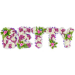 A custom, freestanding floral tribute spelling the name BETTY in bold capital letters, photographed against a crisp white backdrop so every detail is visible. Each block letter is densely formed from soft white chrysanthemum heads, their downy texture creating a plush, serene field of blooms that reads like a quiet, snow-soft canvas. The letter shapes are defined and given depth by a contrasting inner and outer pattern of vibrant magenta-purple chrysanthemums, their jewel-toned clusters working like a delicate embroidery to trace the B, E, T, T and Y. Along the sides of the letters a narrow, slightly shimmery purple ribbon has been tucked and folded to neatly finish each edge and to unify the palette. Small, elegant posies cap several letters-the upper curve of the B, the top bar of the first T and the upper right of the Y-each composed of soft pink garden roses in mixed stages of bloom, from tight bud to gentle open cup, the roses' faint sweet perfume imagined through the image. Those rose clusters are paired with tiny bright blue accent flowers, likely cornflowers or delphiniums, and layered with feathery fern fronds and fresh green leafing for contrast and a natural, garden-fresh feel. The overall effect is one of composed dignity: the white chrysanthemums convey peace, the purple accents add reverent depth, and the pink and blue posies offer tenderness. This is a sympathy arrangement designed for a funeral service, wake or celebration of life in Tufnell Park and nearby Archway or Kentish Town, a personalised floral farewell that reads both solemn and lovingly handcrafted.
