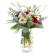 This floral arrangement radiates understated sophistication and thoughtful artistry, curated by a floristry team familiar with the daily rhythms of Tufnell Park. At the bouquet's core, sumptuous deep red roses unfold their velvety petals, anchoring the design with timeless romance and grace. Flanking them, cheerful white Gerbera daisies burst outward, each petal contrasting vividly with the bouquet's darker elements and echoing the brightness of Whitehall Park on a clear afternoon. Dusky purple lisianthus-some in soft bloom, others closed-bring gentle movement and an almost whispered hope for coming seasons. Eucalyptus leaves weave throughout, their signature silvery-green roundness introducing cool, herbal notes that evoke evening strolls through Tufnell Park's neighbourhood greens. Anchored by bold, glossy green foliage and an artfully arched aspidistra leaf, the bouquet offers a sense of contemporary style. Every stem is arranged with care in a simple glass vase-crystal-clear water showcasing the bouquet's freshness and authenticity. This arrangement is perfectly suited for local deliveries celebrating anniversaries, birthdays, or a simple gesture of appreciation, and it always brings a touch of London elegance to its surroundings, brightening both mood and space with every glance.