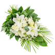 A long, asymmetrical funeral spray in white and green is displayed against a crisp white backdrop, its design flowing diagonally so that the flowers appear to drift like a soft breeze across the frame. At the centre, several impressive white Oriental lilies unfold their broad, silky petals, revealing gentle yellow-green stamens that add a touch of warmth to the cool composition. Between and around them nestle creamy roses, ruffled white carnations, and daisy-like white Gerberas, each blossom slightly different in shape and stage of opening, combining to create an arrangement that feels natural yet carefully composed. Scattered throughout are tiny clusters of delicate white filler flowers, which soften the transitions between the larger blooms and lend a light, almost cloudlike quality. Supporting this floral cluster is an abundance of greenery: deep green, glossy leaves form the backbone; ferns contribute airy, feathered lines; and dusky eucalyptus leaves add rounded shapes in a soft, grey-green hue. Near the top, slim, strap-like leaves are neatly folded and bundled into an upright feature, giving the design a refined, almost architectural accent. The most striking structural element is the sweep of long, narrow palm fronds that fan out from the lower right, stretching the arrangement into a graceful, elongated form well suited to resting atop a casket or alongside a memorial. The restrained palette of white blooms and verdant foliage evokes serenity, purity, and respect, making this spray an appropriate choice for a funeral or remembrance gathering in Tufnell Park, perhaps following a quiet walk through nearby Tufnell Park itself or the residential streets surrounding it, where local florists are often entrusted with marking life's most solemn moments.