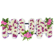 A tender, three-dimensional funeral tribute spelling the word MUM, photographed against a plain white background so each form reads clearly. Each letter is a substantial block of pristine white chrysanthemums, the small, fluffy petals packed densely to give a cloud-like, velvety texture that suggests comfort and quiet reverence. Woven through that white base are delicate pockets of deep magenta and purple pom-pom chrysanthemums, their jewel tones punctuating the surface and creating a soft, rhythmic pattern. Bright pink spray roses act as focal points: a neat cluster crowns the upper left of the first M, a mirrored cluster sits at the upper right of the final M, and a generous grouping of several pink roses is nestled into the lower curve of the central U. Dark green fern fronds and mixed foliage tuck around those rose clusters, their serrated leaves and glossy textures providing contrast and framing the blooms, while a few tiny blue accent flowers lend a cool, unexpected note. A slim, dark horizontal bar runs behind the letters, discreetly uniting them and suggesting structural support without drawing the eye. The overall impression is one of calm dignity - soft white against rich pinks and purples, a composition that reads as both sympathetic and celebratory of a life. As a local florist working in Tufnell Park I picture this placed near a chapel altar or on a family table by Junction Road, the gentle scent of chrysanthemum and rose filling a quiet room. The design reflects careful handwork, an arrangement intended to honour a mother with warmth, texture, and respectful beauty.