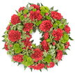 A traditional circular sympathy wreath filled with deep red carnations and bright lime green button chrysanthemums is shown clearly against a stark white background, its colours and textures sharply defined, as if just prepared for delivery to a Tufnell Park funeral service. The ring is densely adorned with red carnations, their layered, ruffled petals forming soft mounds of velvety crimson that travel unbroken around the circle. Some blooms open widely, displaying generous, full faces, while others remain slightly tighter, giving the arrangement a gentle variation that feels organic rather than rigid. Between these red blooms sit clusters of chartreuse green button chrysanthemums, their rounded, button-like heads composed of many tiny petals packed closely together. The green is bright and lively, offering a striking contrast to the deep red, and its compact texture brings a playful yet respectful balance to the more voluminous carnations. Surrounding and supporting the flowers is a rich collar of foliage. Dark green fern fronds, likely leatherleaf, extend outward in feathery patterns, adding depth and a natural softness. Interwoven are sprigs of variegated pittosporum, the leaves marked with creamy edges and darker green centres, introducing a subtle pattern that catches the eye like dappled light in the gardens and courtyards around Tufnell Park. A soft green ribbon with darker diagonal stripes is discreetly threaded through the lower section of the wreath, forming neat loops that mimic the circular shape without overwhelming the flowers. The result is a balanced, dignified funeral wreath, ideal for expressing sympathy and remembrance at services held in Tufnell Park churches or crematoria in the surrounding North London area, offering a visually comforting symbol of love and farewell.