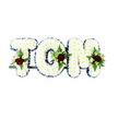 A serene, handcrafted funeral tribute spelling out the name TOM in three-dimensional letters, each letter a soft, pillowy carpet of pristine white chrysanthemums. From a short distance the letters read as luminous blocks of downy texture; up close you can see individual chrysanthemum petals layered tightly to create volume and a gentle, cushion-like surface. Each letter is crisply edged with a narrow royal blue ribbon that traces every curve and angle, giving the composition a dignified outline and a cool, graphic contrast to the creamy whites. Nestled into the centre or lower sweep of the T, O and M are modest, symmetrical sprays: a single deep red rose anchors each spray, its velvety petals offering a poignant focal point of love and sorrow. Surrounding that rose are smaller ivory spray roses and slender fern fronds that add delicate texture and a whisper of green, their serrated leaves softening the geometry of the letters. The whole tribute sits on a slim dark metal support across the base, visible beneath the blooms and lending discreet structure so the letters stand upright at a funeral chapel or graveside. Photographed against a clean white background and bathed in soft, neutral light, the arrangement reads as both formal and comforting. The scent is faint-spicy rose over the fresh green of ferns-while the tactile impression is of careful craftsmanship, every bloom placed to honour memory and to offer calm and consolation to those gathered in farewell.