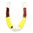 A U-shaped ceremonial garland seen against a clean white backdrop, carefully constructed from thousands of tiny fabric petals to imitate fresh blooms. Each arm begins with a dense, cylindrical cluster of creamy white blossoms, their tightly packed petals creating a soft, cloud-like texture that reads as purity and calm. Immediately below these white crowns a deep maroon or reddish-brown band of equally compact fabric flowers introduces a warm, earthen contrast, the tiny petals catching the light to suggest depth. The longest sweep of each arm is a generous field of bright yellow blossoms, plush and cheerful, forming the broad, graceful curve of the U and giving the piece an overall sense of celebration. At the bottom centre, where the two yellow arcs meet, a wider, lush cluster of pure white chrysanthemum-like flowers provides a striking focal point, framed by small dark green leaf accents that act as neat separators between colour blocks and add a hint of botanical realism. The whole garland casts a subtle shadow on the white surface, emphasizing its three-dimensional craftsmanship and the fabric's soft sheen. Although made of synthetic materials, the careful layering, consistent rhythm of colour bands, and meticulous petal placement give it the reassuring weight and presence of a handcrafted ritual offering. In a London context this style is commonly used for Hindu pooja, temple offerings, weddings, and festivals such as Diwali and Holi, where the white, yellow, and maroon palette traditionally evokes purity, prosperity, and devotion, making the object both decorative and deeply symbolic for community gatherings around Tufnell Park and neighbouring Dartmouth Park.