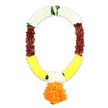 A ceremonial artificial garland, created in the traditional mala style, is pictured here against a bright white background, its colours arranged in a thoughtful, almost meditative sequence. The garland curves in a gentle U-shape, suggestive of how it might rest around a photograph or sacred image during a funeral tribute in a calm Tufnell Park living room. At the top, thick clusters of white petals form a pristine band that speaks of peace and purity, with each petal layered to suggest softness under the fingertips. Tiny flashes of fresh green foliage appear within this white section, adding the impression of living leaves and stems. Moving downward, the white segments gradually give way to deep maroon petals, their reddish-brown tone offering a strong, earthy presence that feels appropriate for moments of mourning and reflection. This maroon then transitions into ample sections of bright yellow petals around the lower arc, introducing a gentler, more hopeful light into the piece. Near the base on both sides, small white clusters are tucked into the yellow, creating graceful pauses in the colour flow, like quiet breaths in a prayer. From the central bottom point hangs a substantial, spherical pendant crafted from vivid orange petals, lush and rounded in shape, reminiscent of a marigold ball glowing like a candle flame. The petals across the garland are densely packed, giving it a plush, volumetric appearance that recalls freshly strung flowers from a skilled local florist. Though artificial, the mala evokes the fragrance and emotion of traditional Hindu funeral garlands, ideal for dignified services, commemorations, or as a lasting tribute in the Tufnell Park area.