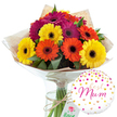 A thoughtfully presented gerbera daisy bouquet stands out against a crisp white background in this image, much like a gift waiting on the table of a Tufnell Park terrace home. The flowers form a generous, rounded cluster of large, daisy-like heads in a harmonious blend of sunny yellow, glowing orange, and sumptuous magenta that leans toward deep fuchsia. Each gerbera displays a clearly defined dark central disk, which contrasts strikingly with the bright petals and gives each bloom a sense of character. Slender yet sturdy green stems, along with touches of glossy dark foliage, emerge between the flower faces, adding a natural depth and reinforcing the sense of freshness you'd expect from a local florist working just off Tufnell Park Road. The stems are pulled together into a hand-tied design, wrapped first in soft, rustic brown kraft paper that appears gently crinkled, then in a smooth outer layer of clear cellophane that adds shine and protection. A length of natural-coloured twine cinches the base with a modest bow, highlighting the bouquet's handcrafted nature. This bundle of colour is then placed upright in a tall, narrow glass vase, its transparent sides revealing the neat line of stems immersed in clean water. To the lower right, a round white foil balloon is positioned as a playful, heartfelt accent. Scattered across its surface are tiny gold and pink dots and heart shapes, framing the central message Best Mum in graceful pink script. Together, the bright gerberas and the message balloon create a warm, celebratory gift, ideal for honouring a mother figure in Tufnell Park on Mother's Day, her birthday, or any day that calls for an extra touch of appreciation.