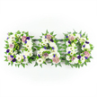In this image, a traditional yet distinctly personal funeral tribute spells out the word DAD in three separate floral letters, arranged in a straight horizontal line. The letters themselves are densely packed with snowy white chrysanthemums, gerbera daisies, and other small white blooms, so that the overall impression is of a soft, unbroken field of white petals symbolising purity, respect, and remembrance. Around and through these white flowers, rich green foliage-particularly fine, feathery ferns and perhaps sprigs of ruscus or similar leaves-forms a gentle border, clearly defining the curves and angles of each letter while adding a sense of natural freshness. Dotted among the white and green are delicate accents of colour: clusters of lilac, lavender, and deeper purple flowers, possibly spray carnations, lisianthus, or miniature roses, provide subtle contrast and depth without overwhelming the calm, reflective mood. The tribute is set against a bright white background, so every petal and leaf is easy to distinguish, and the overall composition feels peaceful and composed, rather like standing quietly in a chapel before a service. This style of DAD letter tribute is a familiar and comforting choice for families in and around Tufnell Park, often selected for funerals, cremation services, or graveside memorials as a clear, visual expression of love and gratitude for a father or father figure, crafted with the care and attention you would expect from a local North London florist.