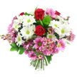 A lush, dome-shaped bouquet fills the frame against a bright white background, its rich palette of reds, whites, pinks, and greens capturing attention straight away. At its heart sit two prominent deep red roses, petals wrapped in tight spirals that speak of romance, admiration, and heartfelt care. Surrounding them, a cloud of white daisy-like flowers spreads outward, each bloom defined by a striking lime-green centre that adds a crisp, contemporary flash of colour. Scattered between these are daisy-style blossoms in soft to medium pink, also with green centres, blending seamlessly into the whites and deep reds to create a beautifully balanced harmony. Finely textured clusters of tiny pale pink filler flowers, reminiscent of waxflower, lace through the bouquet, adding a sense of movement and delicacy, especially along the lower edges. Fresh greenery frames the flowers, from broad, glossy leaves to smaller green accents that echo the parks and tree-lined streets around Tufnell Park, Holloway, and Kentish Town. The stems are neatly cut and hand-tied at the base, showing that this is a professionally crafted arrangement, ready to slip into a vase by a sunny window or on a dining table. The overall effect is bright yet gentle, like a quiet celebration captured in flowers. Ideal for same-day delivery to homes, cafés, or studios nearby, this bouquet would feel equally at home as an anniversary surprise, a cheerful birthday gift, or a comforting 'thinking of you' gesture for someone in the local community.