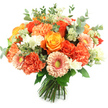 A sunlit, hand-tied bouquet sits upright against a pristine white background, its compact, rounded silhouette overflowing with warm autumnal colour and fresh garden textures. At the centre, large roses open in tight spirals-some a glowing, almost molten orange, others a clear golden yellow-their velvety petals catching the light and forming the bouquet's graceful focal points. Surrounding those are abundant, ruffled carnations in coral and deep peach, their scalloped edges creating a plush, tactile fullness that contrasts with the smooth rose faces. Scattered among the larger blooms are soft peach-pink gerbera daisies, their flat, radiating petals and slightly recessed green-yellow centres offering a cheerful punctuation. Tiny white filler blooms-delicate freesia-like sprays or small chrysanthemums-nestle into crevices, lending bright highlights and an airy softness that keeps the composition from feeling heavy. Pale green, feathery clusters reminiscent of astrantia peek through, adding a whisper of texture between petals, while rounded eucalyptus leaves in silvery grey-green frame the arrangement and introduce a cool, fragrant backdrop. The stems are neatly gathered and tied at the base, a clear sign of a fresh, hand-tied design made to sit elegantly in a vase or arrive as a gift. The overall impression is one of warmth, gratitude and quiet celebration-perfect for a birthday, an anniversary, a thank-you bouquet, or to lift the mood of a kitchen table in Tufnell Park on a crisp morning. The bouquet's mix of tactile elements and sunlit hues reads as both sophisticated and warmly familiar, an arrangement that feels equally at home on an autumn mantel or as a seasonal pick-me-up delivered locally.