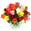 A richly detailed photograph showcases a hand-tied bouquet of mixed roses, captured against a bright white backdrop that makes the colours appear even more vivid. The arrangement is rounded and full, so that almost every inch of the frame is filled with petals in varying shades. Deep ruby reds and dark crimson roses anchor the composition with a sense of romance, while vivid yellows and warm oranges bring a feeling of optimism and cheer. Soft pinks blend seamlessly into bolder fuchsia tones, creating a painterly effect where one hue melts gently into the next. Cream and ivory roses are tucked among the brighter shades, adding lightness and grace, as if softening the overall palette. The roses vary from tightly furled buds to wide, open blooms, giving the bouquet an appealing mix of structure and movement. The petals appear smooth and satiny, with faint shadows in their folds suggesting depth you could feel with your fingertips. Between the flowers, you can see touches of dark green foliage, which provide a natural contrast and hint at the fresh, leafy scent you might notice as the bouquet arrives at a flat near Tufnell Park Gardens. The stems trail below the flower heads in a carefully gathered bundle, wrapped neatly with a green and white gingham ribbon that adds a charming, slightly rustic detail. The lighting is clear and even, emphasising the vibrancy of the colours without distorting them. The image conveys a mood of celebration, affection, and everyday beauty, perfectly suited to same-day rose delivery in and around the Tufnell Park area.