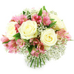 A full, rounded bouquet of creamy white roses, soft yet vibrant pink alstroemeria, and delicate white baby's breath is captured against a pure white background, giving the arrangement a clean, modern feel while highlighting its romantic character. At least three to five prominent roses anchor the design, each bloom opening generously, with petals that curl outward in graceful layers from a warm, pale yellow center to creamy ivory edges. These roses feel timeless, like those you might choose for an intimate dinner in a Tufnell Park townhouse or a surprise doorstep delivery on a quiet side street off Tufnell Park Road. Between them, slender stems of alstroemeria unfurl clusters of multiple flowers, their petals flaring gently outward. The colour ranges from light, almost pastel pink on the outer edges through to richer fuchsia and magenta tones toward the centers, where subtle speckles and fine stripes add visual interest and a playful, lively personality. Threaded carefully throughout, tiny white gypsophila blossoms form wispy clouds, softening the transitions between larger blooms and lending a dreamy, romantic haze to the overall look. Green foliage frames the bouquet, its deep tones enhancing the brightness of the whites and pinks, with leaves that appear freshly cut and full of life. The stems are visible at the bottom, gathered firmly in the classic hand-tied style, straight and neatly trimmed. Even, diffused lighting washes over the arrangement, illuminating the gentle sheen of each petal and the velvety surfaces of the roses. The bouquet radiates warmth, sincerity, and joy, perfectly suited to birthdays, anniversaries, get-well wishes, or simply brightening a living room or office in and around Tufnell Park with a touch of fresh, local floral elegance.