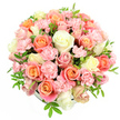 A beautifully rounded bouquet of pastel roses and spray carnations is shown against a crisp white background, its full, domed shape forming a soft mound of petals that almost entirely conceals the container beneath. The arrangement is densely packed, every bloom set close to the next to create a seamless blend of colours and textures. Large roses unfurl in generous spirals, displaying shades of peach, apricot, coral, and delicate salmon pink that call to mind a gentle sunset over the rooftops of Tufnell Park. These warm tones are cooled and brightened by creamy white roses and a few very pale yellow ones, which lend the design a fresh, luminous quality, like early morning light streaming into a North London flat. Between them, clusters of light pink spray carnations nestle in, their ruffled petals forming tiny rosettes that add dimension and a soft, almost confectionery charm. Slim, pointed green leaves appear sparingly at the edges and between blossoms, offering just enough foliage to enhance the pastel palette without overwhelming it, reminiscent of the subtle greenery lining nearby residential streets. The lighting is bright yet gentle, allowing each smooth rose petal and frilly carnation edge to be clearly seen, while the shadows remain light and unobtrusive. The overall mood is tender, romantic, and quietly joyful, making this design ideal for Mother's Day, anniversaries, or sending thoughtful congratulations to loved ones around Tufnell Park. The bouquet feels like a carefully considered work of floral art, crafted by skilled local hands to bring both comfort and celebration into everyday life.