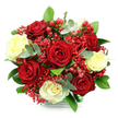 A beautifully composed bouquet of roses sits in sharp relief against a bright white background, drawing the eye instantly to its rich interplay of red and cream tones. At its heart are full, velvety red roses, their petals unfurling in deep crimson layers that suggest warmth, devotion, and classic romance. Nestled between them, creamy white and softly buttery-yellow roses glow with gentler light, their open blooms offering a sense of purity and calm that balances the intense reds. Threaded throughout the arrangement are fine clusters of scarlet filler flowers, similar in form to gypsophila, their tiny blossoms forming an airy halo of colour that lightens the overall design. Small sprays of glossy red hypericum berries peek out between petals and leaves, adding joyful, bead-like accents that hint at festive celebrations, much like the lively community gatherings around Tufnell Park and nearby Kentish Town. The bouquet is framed by a ring of fresh foliage: smooth, dark green leaves provide structure and depth, while rounded, silvery-green eucalyptus leaves soften the outline and introduce a cool, contemporary note, along with a subtle, refreshing scent. All of the stems are gathered into what appears to be a clear glass container, its base partially visible and wrapped with a neat green-and-white checked band, suggesting a ready-to-gift design for swift local delivery. The overall mood of the arrangement is elegant yet inviting, perfect for anniversaries, romantic surprises, or seasonal table settings in homes near Tufnell Park station. Every flower seems carefully placed, as though the bouquet is crafted to say, in quiet floral language, that the recipient is deeply appreciated and remembered.