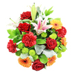 Captured from directly above on a clean white background, this abundant mixed bouquet forms a rounded, almost perfectly symmetrical dome of colour, as if a little garden from Tufnell Park had been gathered into a single, generous handful. Deep red roses sit prominently throughout, some in neat buds and others partly open, their velvety petals suggesting tenderness, admiration, and classic romance. Intertwined with them are full, textured red carnations, whose frilled edges create a layered, cushioned effect that gives the arrangement both structure and softness. Stretching outward, several Oriental lilies in white and pale pink unfold their wide, star-shaped petals, speckled delicately with deeper tones and finished with long golden stamens that catch the light. A few tall lily buds add height and a sense of unfolding time, hinting at how the bouquet will continue to bloom on a sideboard in a home near Tufnell Park station or in an office close to Archway. Bright orange and sunny yellow gerbera daisies pop against the reds and whites, their open, daisy-like faces and dark centres bringing an immediate sense of joy and celebration, perfect for birthdays or congratulations flowers. Between these larger blooms, small lime-green button chrysanthemums cluster like little pom-poms, adding crisp texture and a lively fresh green that prevents the design from feeling heavy. A rich base of foliage surrounds the flowers, combining broad, glossy dark leaves with finer, silvery-green sprigs that evoke eucalyptus, framing the bouquet and softening its outline. Gentle, even lighting emphasises the true colours and natural sheen of each petal and leaf, without strong shadows. The overall mood is upbeat and generous, an ideal arrangement for sending love, thanks, or cheerful wishes across Tufnell Park, Holloway, and the wider North London neighbourhoods.