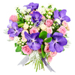 A sumptuous bouquet is captured in clear detail against a simple white background, allowing its colours and textures to radiate without distraction. At its core are majestic Vanda orchids in a saturated purple-blue, each petal wide and slightly ruffled, patterned with delicate speckles that suggest fine lacework. These orchids bring a touch of tropical drama rarely seen on everyday walks through Tufnell Park, making the arrangement feel special and unforgettable. Nestled around them, blush-toned pink roses bloom at different stages, from tight, promising buds to fully opened flowers showing off generous, velvety layers. Creamy white spray roses weave in and out, lending a soft, luminous quality that gently balances the stronger purple notes. Between the roses and orchids, clusters of small white flowers and rounded white hypericum berries introduce light, airy moments and an interesting, bead-like texture. The foliage palette has been chosen with equal care: glossy dark green leaves cradle the blooms, while softly felted, silvery dusty miller leaves impart a cool, misty elegance, like the first light over Tufnell Park Fields on a quiet morning. The bouquet is neatly hand-tied, its stems bound in a sheer silver-purple ribbon that glints subtly as it catches the light, drawing the eye downward and completing the composition. The overall mood is one of romantic sophistication and thoughtful intent, ideal for a Twickenham couple celebrating an anniversary dinner at home, a birthday surprise arriving by same-day delivery to a flat near Tufnell Park station, or simply as a beautiful way to say you are cherished with flowers that feel truly considered and refined.