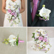 This four-part collage captures a unified wedding flower story, where every detail, from bouquet to boutonniere, feels carefully considered and softly romantic. In the top-left panel, a bride in a white strapless dress is partially visible, her hands wrapped around a cascading bouquet crafted with open white phalaenopsis orchids, blush pink roses, and lavender blooms. The flowers are interlaced with airy baby's breath and trailing greenery, forming a gentle waterfall of petals that curves naturally with her silhouette. The top-right panel draws close to the groom's charcoal-grey lapel, where a single white orchid boutonniere is pinned just above a magenta tie. Small clusters of lavender filler flowers and green leaves surround the central bloom, all bound by a slender purple ribbon that ties it back to the bridal bouquet's palette. In the bottom-left panel, another boutonniere is laid out thoughtfully on a textured beige fabric, as if waiting to be picked up before a ceremony at a quiet townhouse near Tufnell Park station. A white orchid bud, delicate sprigs of baby's breath, and a touch of greenery are gathered together with a bright pink ribbon, the contrast between smooth petals and woven cloth almost tangible. The bottom-right panel showcases a lush cascading arrangement echoing the bridal bouquet, placed in an intricate white woven vase on a minimalist white surface. White orchids, various shades of pink and lavender roses, and tiny purple flowers spill forward, dusted with clouds of baby's breath. Three white woven decorative spheres nestle beside the vase, mirroring its texture and creating a composed, gallery-like display, perfect for a reception table or entrance hall in Tufnell Park. Crafted with the eye of an experienced florist, each piece feels like part of the same love story.