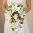 The image focuses tightly on a bride from the waist down, her off-white lace wedding dress forming a gentle, textured backdrop for a dramatic cascading bouquet that seems to pour from her hands. At the heart of this design are pristine white oriental lilies, their generous petals opening wide, some marked with subtle reddish-brown freckles that draw the eye toward the golden stamens at their centre. Just below the bride's clasped fingers, a single ivory rose anchors the composition, its creamy, porcelain-like petals layered in a perfect spiral that hints at quiet elegance. Around this focal rose, clusters of delicate white baby's breath create a soft halo, like a veil of tiny stars hovering between the larger blooms. Long, arching stems of white Phalaenopsis orchids flow downwards, each bloom with rounded, almost translucent petals that appear to shimmer, giving the bouquet a sense of movement as if swaying gently along a Tufnell Park side street on the way to a local ceremony. Interspersed among the whites, vivid lime-green Green Trick dianthus globes add bold pockets of texture, their tufted, grassy surfaces standing out against the smoother petals. Scattered red hypericum berries offer playful sparks of colour, reminiscent of the vibrant shopfronts around Tufnell Park station. Slender threads of greenery and deeper green foliage frame and support the flowers, ensuring the cascade remains full yet refined. Created with the care of an experienced Tufnell Park florist, this teardrop bouquet captures the romance and joy of a North London wedding, ideal inspiration for couples seeking a refined yet contemporary bridal look.