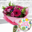 A radiant birthday flower and balloon gift set is displayed in soft natural light, as if placed near a bay window in a Tufnell Park townhouse just off Fortess Road. At the heart of the scene stands a clear glass cylindrical vase brimming with a hand-crafted bouquet in joyful shades of pink and magenta. Large, rich fuchsia Gerbera daisies with velvety, almost black centers form bold, circular focal points, their petals splayed out like little suns. Around them cluster delicate blush and mid-pink roses in different stages of bloom, some still tightly furled, others beginning to unfurl into classic spirals that suggest romance and celebration. Threaded through the arrangement are tiny clouds of deep purple filler flowers, likely statice, which add depth and a slightly wild, countryside feel, echoing the greenery of nearby Hampstead Heath. Fresh green foliage with broad, glossy leaves fills out the bouquet, giving it a lush, rounded silhouette and hinting at a crisp, leafy scent. The stems are wrapped in translucent light pink cellophane that gathers around the base like a soft halo, catching the light with a gentle crinkle. A simple cream gift tag, tied to the neck of the vase with rustic twine, hints at a carefully chosen present ready for same-day birthday delivery around Tufnell Park. In the foreground to the right, a round, shiny Mylar balloon floats playfully. Its white background, lightly speckled with grey, is scattered with colourful floral and circular motifs in bright yellow, sky blue, lime green, pink, and purple. Across the centre, the words happy birthday arc in bold pink script, echoing the bouquet's colours. The softly blurred indoor background keeps all attention on the flowers and balloon, conveying an atmosphere of warmth, joy, and thoughtful gifting for a special birthday moment at home or in a cosy local café.