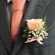 There's a gentle yet striking elegance in this classic peach rose boutonniere, designed by an experienced Tufnell Park florist to honour local style and tradition. The image reveals the upper torso of a distinguished gentleman: against the deep, textured canvas of a charcoal grey jacket, a single peach rose opens in refined spirals, edged by clusters of white baby's breath that lend softness and a touch of innocence, reminiscent of spring mornings in Tufnell Park's nearby green spaces. Wisps of glossy green foliage, one broad and gracefully curled, frame the floral core with organic flair-echoing the lushness of gardens along Lady Somerset Road. The chic ensemble is completed by a pale blue checked shirt and a vibrant coral satin tie, harmonising beautifully beneath the boutonniere. To finish, a matching peach satin ribbon is knotted with care, its delicate sheen and perfect craftsmanship a subtle nod to the detail-oriented florists of Tufnell Park. This accessory rests close to the heart, resonating with subtle fragrance and the joy of momentous occasions-chosen for those who wish to mark weddings or special events across this vibrant North London community.