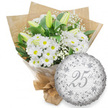 A serene white and silver anniversary ensemble is shown against a spotless white background, evoking the quiet elegance of an intimate celebration in Tufnell Park. On the left, a hand-tied bouquet overflows with white daisy chrysanthemums, their petals layered in neat circles around bright yellow centres that offer a gentle, cheerful contrast. Intertwined among these daisies are several refined white lily buds, long and tapering, their petals still folded and dusted with a soft touch of pale green along the seams. Between the larger flowers, feathery sprays of white baby's breath spread like fine lace, softening transitions and giving the bouquet an airy, romantic quality. Deep green foliage arcs around and through the blooms, creating a classic white-and-green palette that feels both timeless and fresh, much like the leafy streets near Tufnell Park's local squares. The bouquet is protected by a layer of clear cellophane, which reflects subtle highlights, and is then wrapped in rustic brown kraft paper that crinkles gently at the edges, adding texture and a handcrafted charm. The stems at the bottom are neatly tied, emphasising that the flowers are ready to be presented as a heartfelt gift. To the lower right, a single round silver foil balloon provides a shimmering counterpart. Its metallic surface is decorated with an ornate pattern of swirling scrollwork and stylised floral details in varying silvery tones. At its centre, the inscription 25th appears in elegant, flowing script, while the words Happy Anniversary repeat faintly in the background. Together, the bouquet and balloon create a refined visual celebration of a 25th, or Silver Anniversary, perfect for marking a quarter-century of love in Tufnell Park.