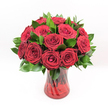 A lavish bouquet of deep crimson red roses stands proudly in a ruby-red glass vase, the whole arrangement glowing as if it has captured the warm evening light over Tufnell Park. Each rose is tightly clustered yet individually distinct, with velvety petals that spiral from a secretive, furled centre out to broad, gently unfurling outer edges. The colour is intense and saturated, a true ruby red that suggests passionate romance, heartfelt gratitude, or a classic declaration of love. Around and between the roses, glossy dark green foliage, likely Ruscus or a similar filler leaf, creates a rich frame that sets off the blooms, its smooth, waxy surfaces catching tiny highlights. The stems, visible through the translucent red glass, form a textured lattice, adding quiet structure beneath the more theatrical heads of the roses. The vase itself has a graceful, twisted or spiralled pattern etched into the glass, which throws soft reflections and ripples of light, like the shimmer of car lights along Fortess Road on a winter evening. Its slightly flared top supports the abundance of flowers, while the solid base keeps everything grounded and balanced. Set against a pristine white background, every detail is sharply defined: the crisp edges of each petal, the subtle shadows between leaves, and the sense of freshness that suggests these roses were cut and arranged only moments ago. This image feels perfect for conveying romantic gestures, anniversary surprises, or a luxurious centrepiece for a Tufnell Park dinner table, radiating warmth and intimacy with every petal.