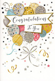In this scene, a beautifully designed congratulations card stands ready to be slipped beside a bouquet destined for a cosy home near Tufnell Park Gardens. The artwork focuses on a cheerful cluster of balloons, rendered in soft, luminous shades of gold, silver, champagne, pale blue, and rosy pink, with a touch of gentle grey to balance the palette. The balloons overlap and tilt at different angles, creating the sense that they are bobbing lightly in the air, like party decorations gently swaying in an open window off Tufnell Park Road. Each balloon is embellished with fine details-tiny star patterns, delicate stripes, or subtle glitter-like dots that give the illusion of textured sparkle. Slender metallic strings in gold and silver trail down from the balloons, looping together in loose curls that add rhythm and flow. A white banner arcs gracefully across the centre, carrying the words Congratulations To You in stylish, cursive lettering that feels sincere and celebratory. Around the main cluster, the designer has scattered miniature stars, sweeping ribbons, and confetti-like flecks, all against a softly tinted, almost weightless background. The effect is that of movement and light-the way confetti might drift after a toast at a local gathering in Tufnell Park. The mood is upbeat but refined, making this card ideal for honouring a promotion, a new home, exam success, or any moment where you want to say a warm, heartfelt well done, especially when sent alongside fresh flowers carefully arranged by a local Tufnell Park florist.