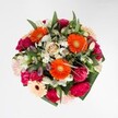 A vibrant celebration captured in blooms, this Tufnell Park bouquet gathers the season's energy in a swirl of vivid colour and lush texture, echoing the vitality of Whittington Park just steps away. At the centre, bold orange gerberas radiate joy, their sunlit petals drawing every eye and exerting cheerful magnetism. Surrounding them, voluptuous magenta carnations and softly blushed roses create a symphony of warmth and plush allure, each bloom so richly textured you can almost feel their gentle resilience. Threads of crisp white alstroemeria and clusters of miniature daisies shimmer between the saturated colours, as if touched by the dew of an early morning stroll through Tufnell Park's gardens. The glossy, abundant greenery frames the bouquet with fluid grace, providing an underlying freshness and structure without overwhelming the arrangement's generous personality. Every element is chosen for harmony-the saturated hues, the fresh-picked abundance, and the interplay of textures come together as if composed by nature and shaped by an expert local hand. Perfect for a jubilant birthday, a congratulatory note to a friend on Mercers Road, or simply to brighten a loved one's day, this bouquet captures the spirit and warmth of Tufnell Park itself, wrapped in florist care and a touch of spring's renewal.