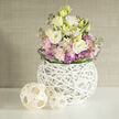 On a smooth white tabletop, a contemporary floral centerpiece glows softly against a muted greige backdrop, like a pocket of calm on a quiet Tufnell Park afternoon. At its core is a bountiful bouquet of lisianthus in shades of white and cream, each bloom layered with fine, papery petals that unfurl gently, suggesting both fullness and lightness. They mingle with clusters of blush pink stocks, whose many tiny blossoms sit close together, giving the arrangement a frothy, romantic texture. Scattered among them are small, rounded allium heads in cool, dusty purple, lending a subtle architectural quality and a modern twist. Surrounding the flowers, fresh green foliage gives depth and contrast, while a neat band of darker leaves encircles the base like a tailored belt, showcasing the florist's precise hand. The flowers rise from a distinctive spherical vase made entirely of interwoven white twigs, forming a delicate lattice structure that feels both airy and sculptural. Through the gaps, you can just see the stems, adding a sense of honesty and naturalness to the design. To the left, two woven rattan-like balls in natural wood tones echo the vase's pattern, their differing sizes creating a gentle visual rhythm across the tabletop. The softly textured wall behind, in understated beige, recedes quietly, allowing the pastel flowers and crisp white vessel to stand out with refined clarity. The overall mood is serene and inviting, as if this arrangement were placed on a sideboard in a light-filled flat off Fortess Road or in a cosy corner near Tufnell Park station, perfect for thoughtful celebrations, get-well wishes, or simply bringing a breath of spring indoors. You can almost imagine a faint, sweet fragrance mingling with fresh green notes as you walk past.