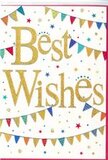 This congratulations card radiates an easy, joyful energy, the kind you might feel strolling through Tufnell Park on a bright, breezy afternoon. In the centre, the phrase Best Wishes is written in graceful, looping gold script, the letters embossed so they rise gently from the smooth white surface. The metallic finish is soft and luminous, not overly sparkly, so it reflects light with a subtle gleam, like sunshine catching a brass house number on a quiet side street off Fortress Road. Encircling the message are sweeping strings of bunting that stretch from edge to edge, curving in relaxed arcs above and below the text. Each tiny flag is painted in vivid, celebratory colours-clear blues, bold reds, grassy greens, citrus yellows, and berry pinks-and many of them carry playful patterns such as neat stripes, tiny spots, and geometric mosaics. The bunting appears lightly in motion, as if stirred by a gentle breeze at a garden gathering near Tufnell Park's green spaces. Scattered across the white background are miniature star shapes and confetti-like dots, echoing the bunting colours and bringing an added sense of sparkle and movement, as though someone has just tossed a handful of celebratory confetti over the design. The overall composition balances fun and refinement, making it ideal for marking everything from exam success and university offers to a new job or home in the local area. You can easily imagine this card nestled alongside a fresh, fragrant bouquet delivered by a nearby Tufnell Park florist to homes along Carleton Road or streets leading toward Kentish Town. Its message feels warm, inclusive, and quietly uplifting, perfectly suited to sharing heartfelt congratulations and encouragement.