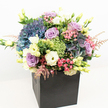 A luxurious, garden-style flower arrangement sits proudly in a sleek, matte black square bag, photographed against a crisp white background so every colour glows clearly. The bouquet forms a generous rounded dome, overflowing with plush clusters of deep periwinkle and dusty blue hydrangeas that create a cool, cloud-like base. Nestled between the hydrangea heads are velvety lavender and soft blush pink roses, their spiral petals gently unfurling to add romance and depth. Creamy white and buttery yellow lisianthus, with their ruffled trumpet-shaped blooms and tender buds, rise lightly above the main body of flowers, catching the light and adding an airy brightness. Tufts of vivid lime-green filler flowers, reminiscent of Green Trick dianthus with their mossy, textured spheres, bring a playful contrast and modern edge. Delicate plumes of pale pink astilbe thread through the design, their feathery fronds giving the impression of movement, as if a soft breeze from Tufnell Park's tree-lined streets had just passed through. Slender green foliage and tiny buds peek out here and there, softening the outline and enhancing the bouquet's natural, garden-fresh character. The minimalist black gift bag anchors the colourful display, making the subtle blues, purples, creams, and greens appear even more luminous, much like flowers framed in the window of a boutique florist just off Tufnell Park Road. The mood is elegant yet joyful, suitable for celebrating a special birthday, sending thoughtful congratulations, or offering gentle comfort. Every stem appears thoughtfully placed, suggesting the skilled hands of a local floral designer creating a luxurious gift that would look at home in a stylish townhouse near Hampstead Heath or on a sunny kitchen table along Fortess Road.