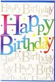 The photograph showcases a joyful birthday greeting card that feels as bright and uplifting as a fresh bouquet waiting for delivery in Tufnell Park. Centred on the card, the phrase Happy Birthday is displayed in large, friendly letters that sweep across the front in a shimmering rainbow gradient. Each character moves gracefully from rich reds through sunny oranges and yellows into leafy greens, sky blues, and deep purples, creating a harmonious flow of colour that suggests streamers or party balloons caught mid-sway. The font is bold yet rounded, giving the text a soft, approachable look, as though each letter might be gently padded or embossed. Behind this main message, the background is densely patterned with delicate golden script, repeating Happy Birthday to you over and over in a fine, looping hand. The gold script has a subtle glitter-like finish, so that even in soft lighting it appears to twinkle, much like the glow from café windows near Tufnell Park tube on a winter evening. The surface of the card seems silky and smooth, with a slight reflective sheen that heightens the intensity of the colours without making them harsh. Faint, scattered flecks and tiny star-like marks in coordinating shades add a sense of lightness and fun, as if a handful of confetti had just been tossed into the air. The overall impression is one of pure celebration - a thoughtfully designed card that would sit beautifully alongside a hand-tied arrangement from a local florist, making any birthday in the N19 area feel that little bit more special.