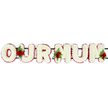 A heartfelt OUR MUM floral tribute stretches horizontally across a crisp white background, the design captured in a way that makes each letter feel individually meaningful yet part of one unified message of love. The large, upright capitals are completely covered in small white chrysanthemums or similar dainty blooms, massed so closely that no greenery or frame shows through the surface. This dense covering of flowers creates a plush, cushiony effect, with thousands of tiny petals forming a soft, luminous field of white. Encircling every letter is a precise border of deep red blossoms, likely spray carnations, whose rich colour gives definition and a warm, embracing outline. The red edging hugs the letters like a ribbon, transforming the simple words into a striking focal point suitable for a funeral or memorial in or around Tufnell Park's quiet, leafy streets. Just visible behind the florals is a dark green support frame that connects the individual letters, ensuring they can be displayed securely on a stand or placed along the side of a coffin. Three separate clusters of deep red roses with glossy leaves and light, feathery foliage are tucked among the white petals. One cluster is nestled between the O and U, another between the U and first M, and the final grouping rests at the far right end of the second M. The roses appear full and velvety, their rich crimson hue symbolising profound love and gratitude. The composition feels calm, ordered, and deeply personal, the sort of tribute a family might select from a trusted Tufnell Park florist to honour a devoted mother with grace, beauty, and lasting remembrance.