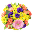 An abundant, round bouquet is captured from directly above on a pure white background, its colours and textures forming a joyful, almost painterly circle that feels right at home in Tufnell Park's creative, village-like streets. At the lower centre, a striking pink gerbera daisy draws the eye first; its broad, slightly curved petals are arranged in regular layers, encircling a greenish-yellow centre with a fine, textured surface that suggests softness to the touch. Encircling this focal bloom, clusters of bright yellow chrysanthemum daisies provide a vivid, sunlit ring, their many narrow petals flaring out from small green or yellow centres, infusing the bouquet with the same uplifting energy as a bright morning over Tufnell Park Fields. Deep purple lisianthus flowers weave among the yellows and pink, some blossoms fully open with visible stamens, others in sleek, tapering buds, adding a note of elegance and a sense of depth, as if the colour recedes into shadow. Coral-orange carnations punctuate the arrangement, their ruffled, intricately layered petals giving the bouquet a soft, almost cloud-like texture that contrasts beautifully with the neat daisy forms. Between the blooms, rich green leaves and pale-edged variegated foliage peek through, providing a cool, fresh frame that enhances the vibrancy of the petals while suggesting the bouquet has been arranged with care only moments before. The lighting is gentle and even, ensuring each shade appears clear without sharp shadows. Overall, this combination of gerbera, chrysanthemums, lisianthus, and carnations radiates celebration and heartfelt warmth, ideal for birthdays, thank-yous, or just-because surprises delivered to homes and studios around Tufnell Park and Gospel Oak.
