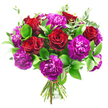 A sumptuous, hand-tied bouquet of deep red roses and vivid purple carnations is shown in sharp detail against a spotless white background, each bloom radiating colour and freshness. The roses are the stars of the design, their velvety petals winding in tight, romantic spirals that gradually unfurl, each blossom a rich shade of crimson that suggests passion, devotion, and special-occasion elegance. Around and between them, generously sized carnation heads in shades of magenta, violet, and royal purple bring a playful, ruffled texture, their many layered petals almost cloud-like, creating a sense of softness and depth that contrasts beautifully with the smooth rose petals. Dark green foliage, polished and slightly waxy, encircles the flowers, offering a deep, grounding frame that enhances the intensity of the red and purple tones. Slender, silvery eucalyptus stems thread through the greenery, their rounded leaves adding movement, coolness, and a whisper of fresh scent, like a breeze through the trees near Tufnell Park's quiet side streets. The florist's craftsmanship is evident where the stems meet: cleanly cut, neatly gathered, and tied with a fine red ribbon that holds the bouquet in a rounded, balanced shape without distracting from the flowers themselves. The bright, neutral lighting and plain white backdrop keep all attention on the colours, textures, and interplay of petals and leaves, making it easy to imagine this bouquet arriving as a surprise delivery to a home by Tufnell Park station or a cosy flat off Lady Margaret Road. Perfect for anniversaries, romantic gestures, or joyful celebrations, the arrangement feels both dramatic and tender, like a heartfelt message delivered in flowers rather than words.